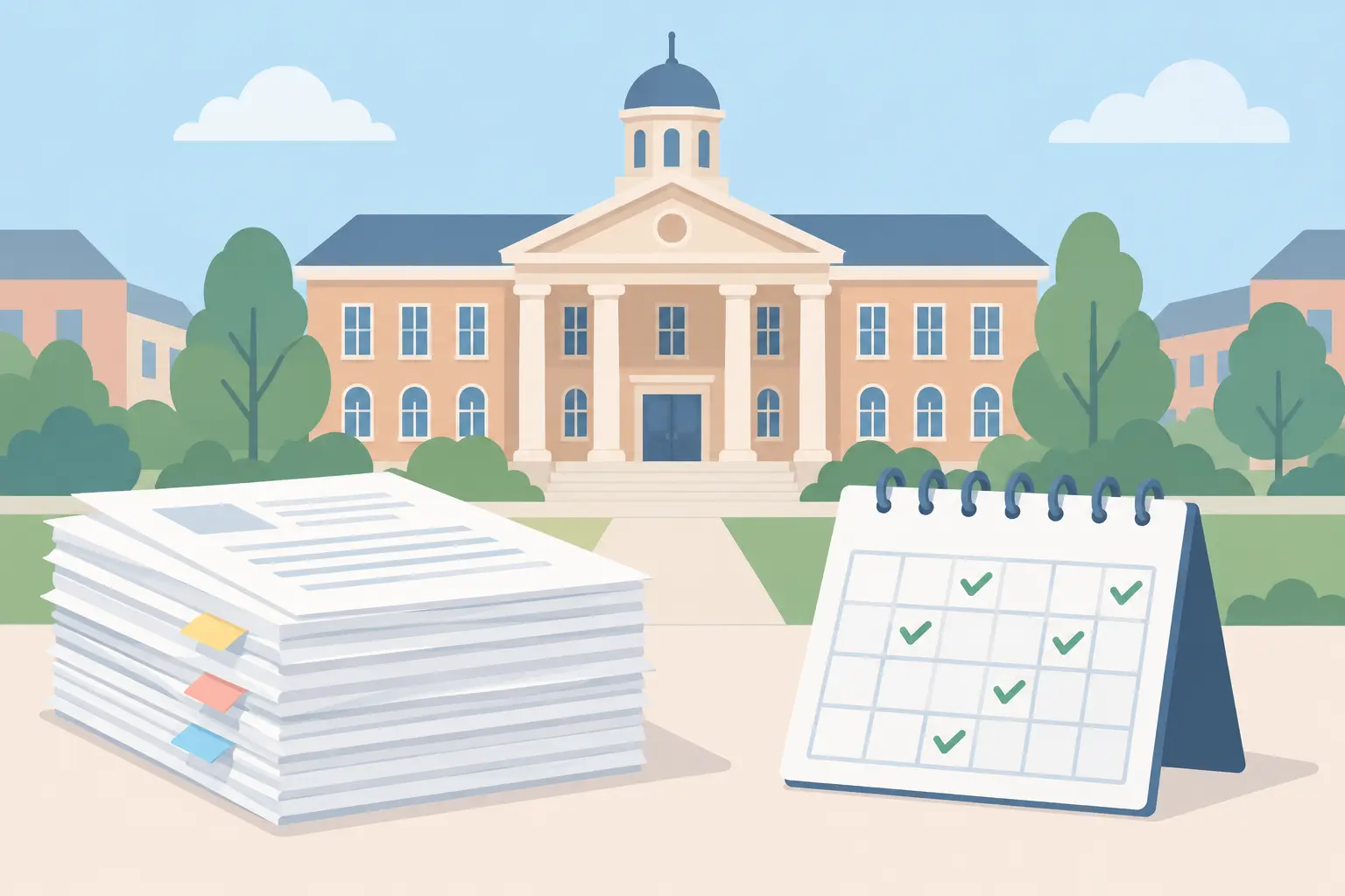Universitätsgebäude mit Dokumenten und Kalender für die Anmeldung der Masterarbeit