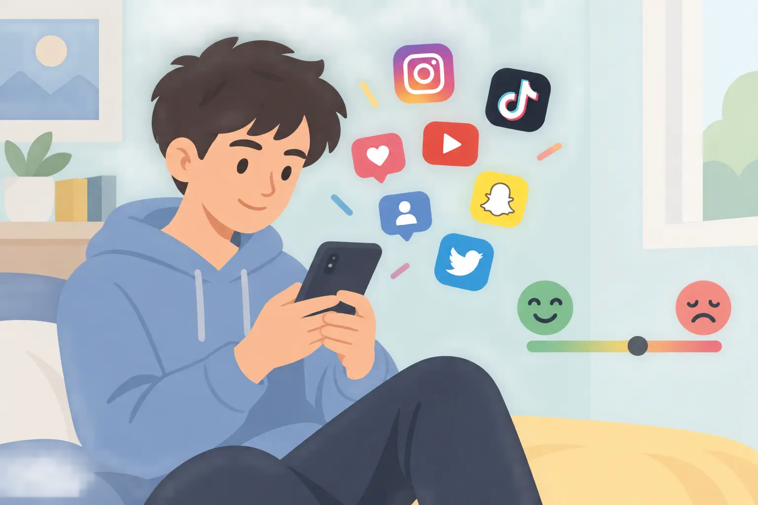 Jugendliche mit Smartphone und Skala für Wohlbefinden