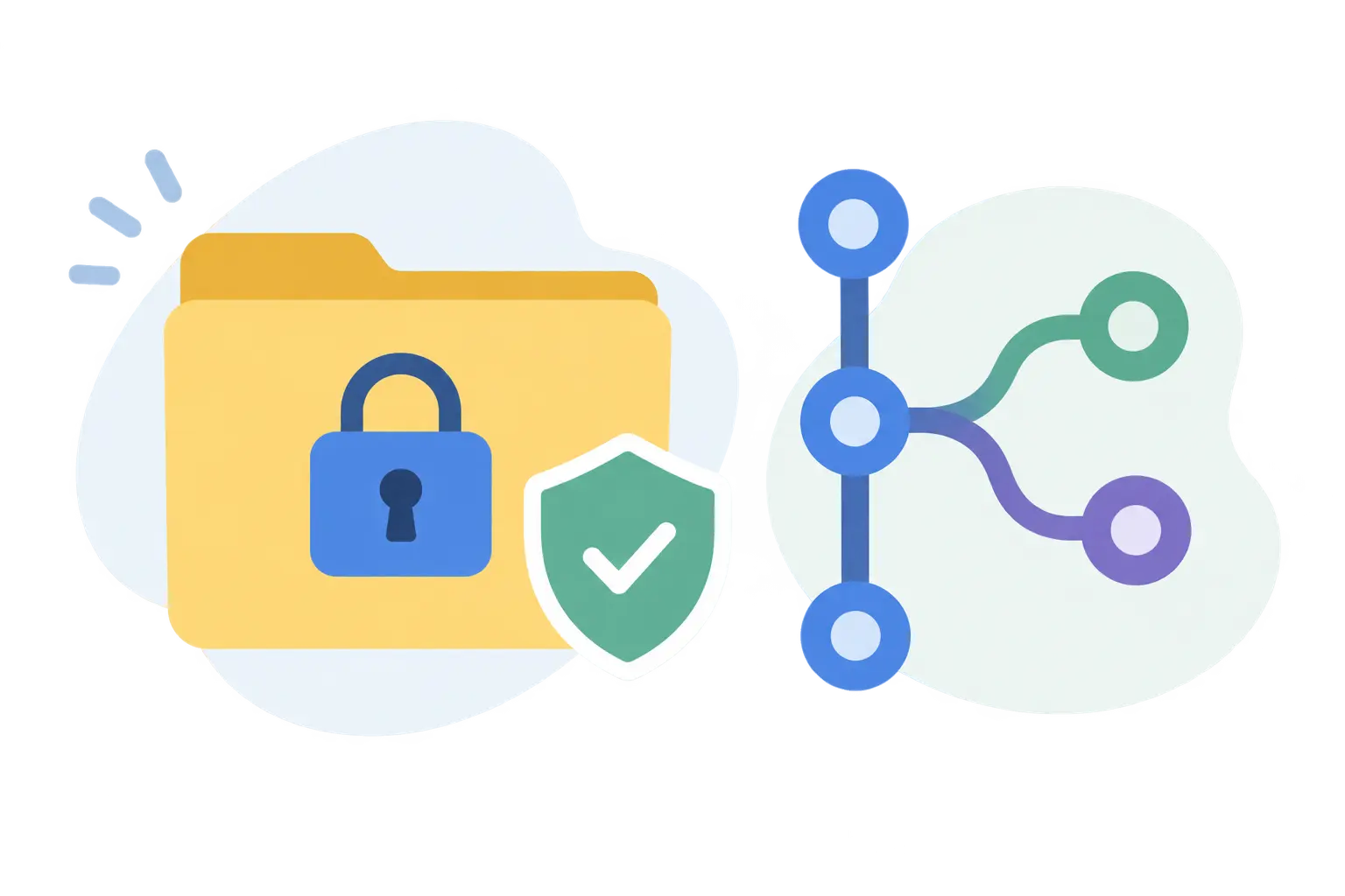 Gesperrter Ordner mit Schutzschild neben einem Code-Repository-Diagramm